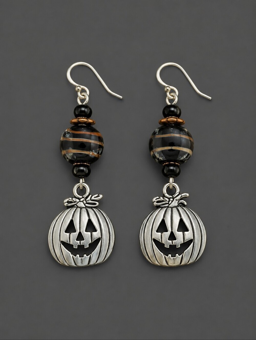 HANDMADE Halloween Lampwork Glass Beaded Pumpkin Dangle Hook Earrings